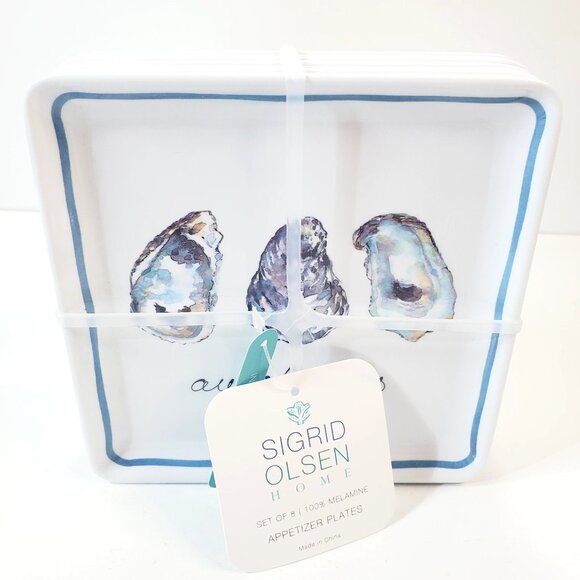 SIGRID OLSEN Set of 8 Appetizer Plates 6" Square Melamine Oyster Aw Shucks - Picture 2 of 10